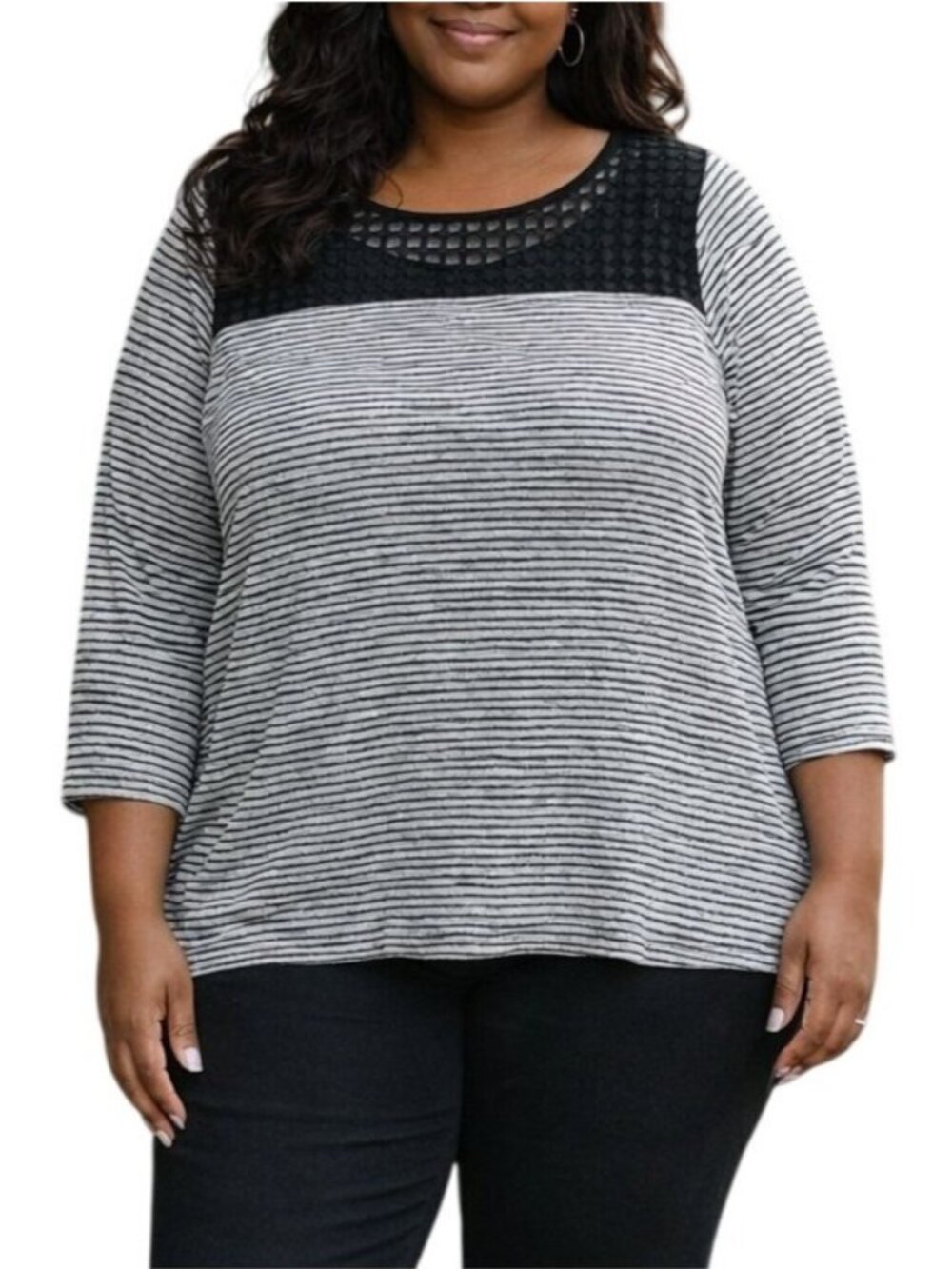 Lane Bryant Plus Size 14/16 Top Stripe Black & White Long Sleeve Sheer Yoke